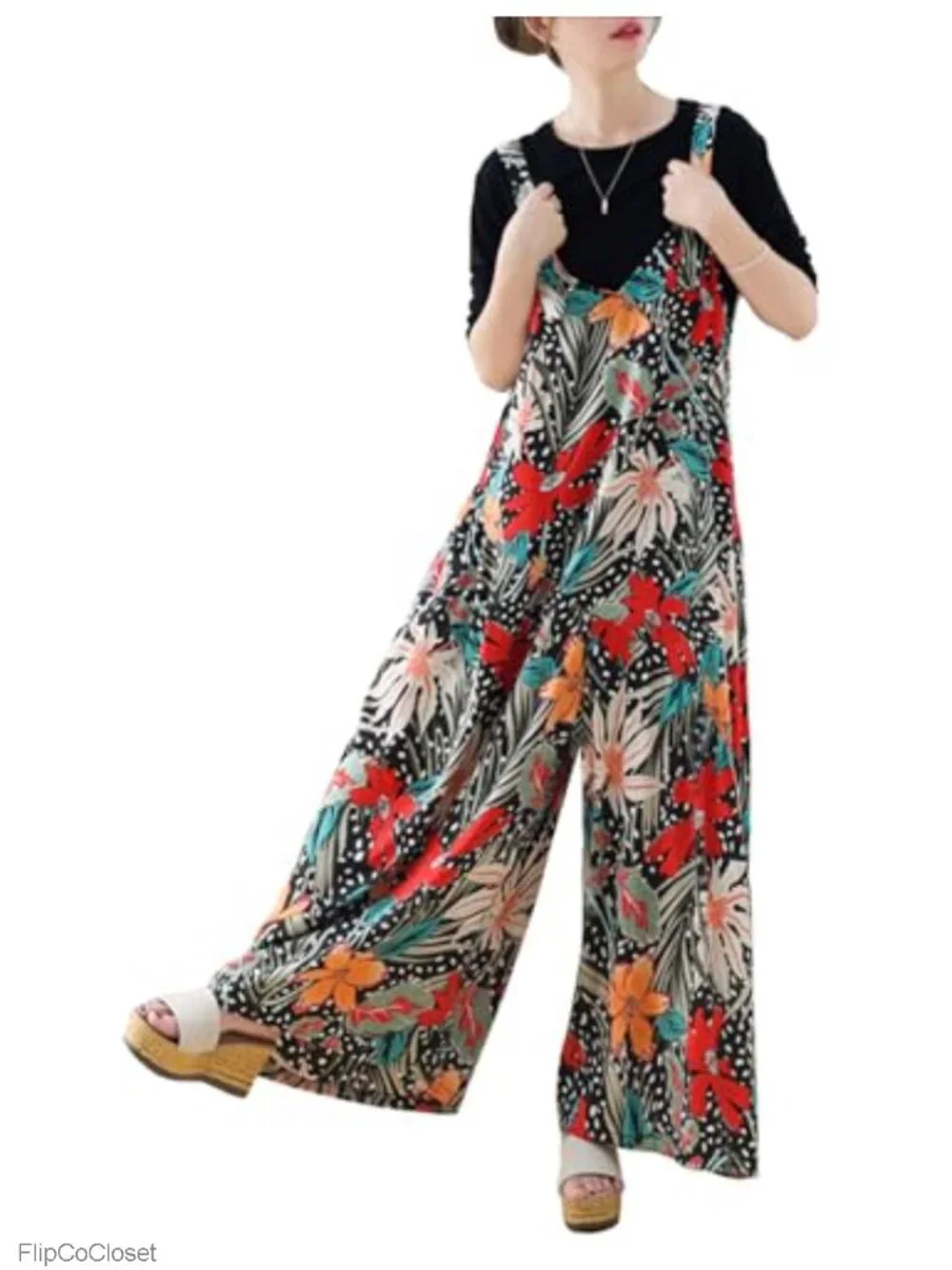 Wide Leg Jumpsuit for Women Summer Boho Sleeveless V Neck with Pockets